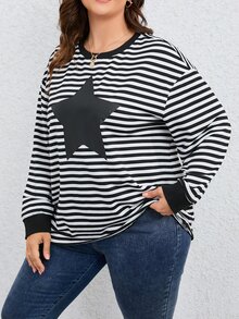 Plus Striped & Star Print Drop Shoulder Sweatshirt - Black and White - View 3