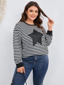 Plus Striped & Star Print Drop Shoulder Sweatshirt - Black and White - View 4