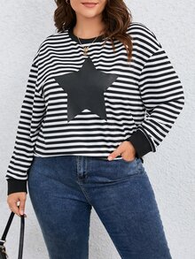 Plus Striped & Star Print Drop Shoulder Sweatshirt - Black and White - View 6