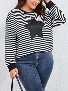 Plus Striped & Star Print Drop Shoulder Sweatshirt - Black and White - View 7