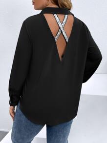 SHEIN Clasi Áo sơ mi Plus Size Lộ Lưng ghép mộng kim sa Ruy băng màu trơn Giải trí - màu đen - Xem 1