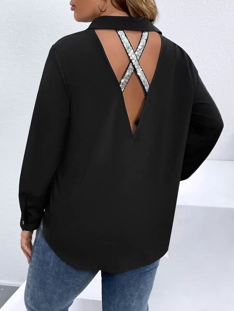 SHEIN Clasi Áo sơ mi Plus Size Lộ Lưng ghép mộng kim sa Ruy băng màu trơn Giải trí - màu đen - Xem 1