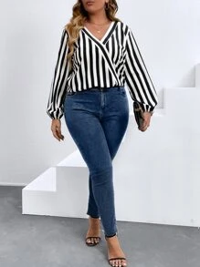 SHEIN Clasi Plus Striped Print Lantern Sleeve Blouse - Black and White - View 1