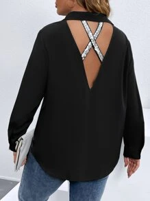 SHEIN Clasi Áo sơ mi Plus Size Lộ Lưng ghép mộng kim sa Ruy băng màu trơn Giải trí - màu đen - Xem 2