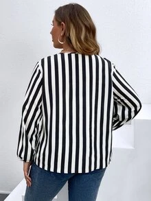 SHEIN Clasi Plus Striped Print Lantern Sleeve Blouse - Black and White - View 2