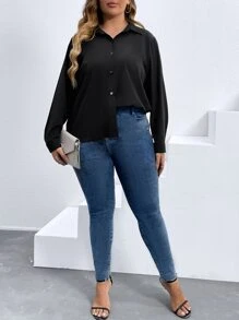 SHEIN Clasi Áo sơ mi Plus Size Lộ Lưng ghép mộng kim sa Ruy băng màu trơn Giải trí - màu đen - Xem 4