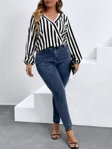 SHEIN Clasi Plus Striped Print Lantern Sleeve Blouse - Black and White - View 4