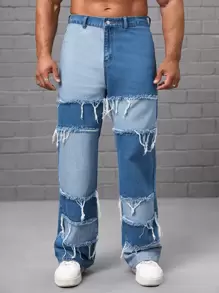 Manfinity RebelGame Men Cotton Colorblock Raw Trim Straight Leg Jeans - Blue - View 1