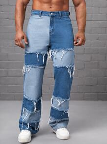 Manfinity RebelGame Men Cotton Colorblock Raw Trim Straight Leg Jeans - Blue - View 3