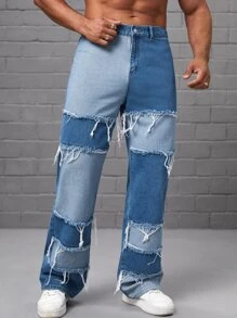 Manfinity RebelGame Men Cotton Colorblock Raw Trim Straight Leg Jeans - Blue - View 4