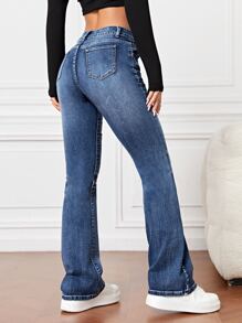 SHEIN EZwear Bleach Wash Flare Leg Jeans - Dark Wash - View 2