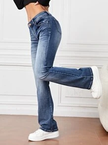 SHEIN EZwear Bleach Wash Flare Leg Jeans - Dark Wash - View 4