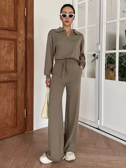DAZY Suéter con cuello y hombros caídos y pantalones de punto con cordón en la cintura para el otoño