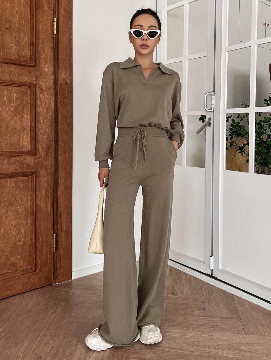 DAZY Suéter con cuello y hombros caídos y pantalones de punto con cordón en la cintura para el otoño - Marrón Mocha - Ver 1