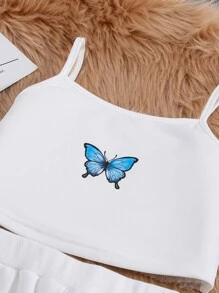 SHEIN Top De Cami Con Estampado De Mariposa Y Pantalones De Sudadera Y Sudadera Con Capucha Para Niña Preadolescente - Blanco - Ver 6