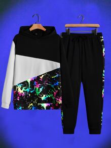 GENTILAND 男士潑墨圖案連帽衫和腰部抽繩衛褲 - 彩色 - 查看 1