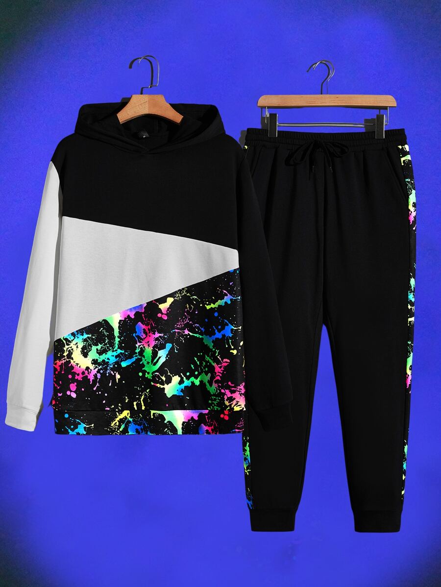 GENTILAND 男士潑墨圖案連帽衫和腰部抽繩衛褲 - 彩色 - 查看 1