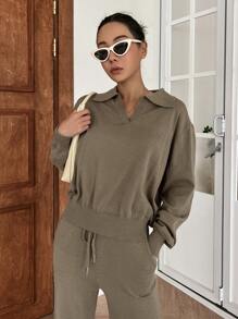 DAZY Suéter con cuello y hombros caídos y pantalones de punto con cordón en la cintura para el otoño - Marrón Mocha - Ver 6