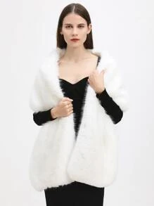 1 件女士纯色时尚人造毛皮披肩，适合新娘晚会和秋冬季日常穿着 - 白色 - 查看 2