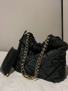 CONTAINEVERY Quilted Chain Shoulder Tote Bag With Coin Purse - Black - View 1