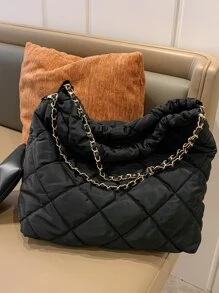 CONTAINEVERY Quilted Chain Shoulder Tote Bag With Coin Purse - Black - View 2