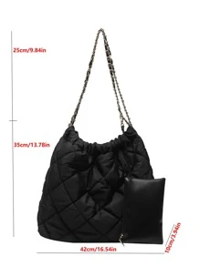 CONTAINEVERY Quilted Chain Shoulder Tote Bag With Coin Purse - Black - View 3