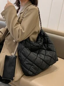 CONTAINEVERY Quilted Chain Shoulder Tote Bag With Coin Purse - Black - View 4