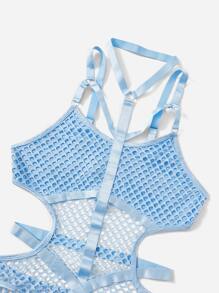 ROMWE Fishnet Cut-out Teddy Bodysuit - Baby Blue - View 5