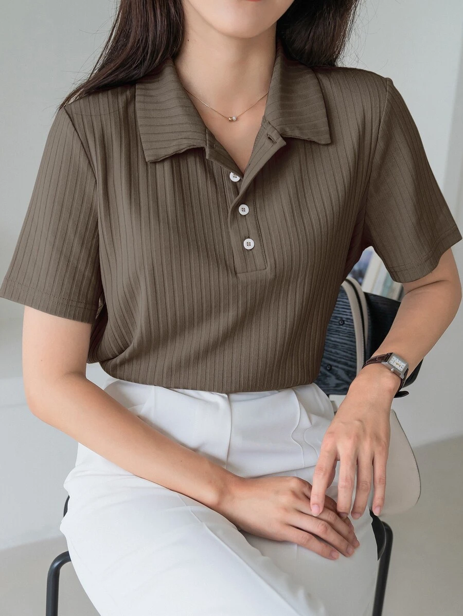 DAZY 高领罗纹针织 T 恤,商务休闲女装 - 摩卡棕 - 查看 1