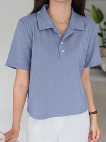 DAZY 高领罗纹针织 T 恤，商务休闲女装 - 霧霾藍 - 查看 3