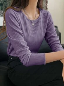 DAZY 罗纹针织生菜边 T 恤，秋季服装长袖女式上衣 - 紫色 - 查看 1