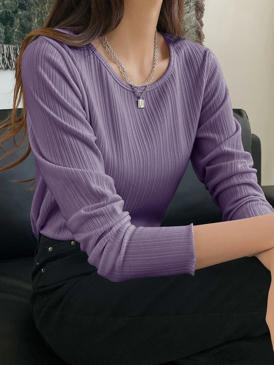 DAZY 罗纹针织生菜边 T 恤，秋季服装长袖女式上衣 - 紫色 - 查看 1