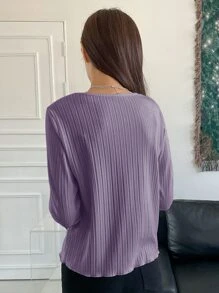 DAZY 罗纹针织生菜边 T 恤，秋季服装长袖女式上衣 - 紫色 - 查看 2