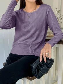 DAZY 罗纹针织生菜边 T 恤，秋季服装长袖女式上衣 - 紫色 - 查看 3