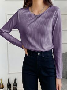 DAZY 罗纹针织生菜边 T 恤，秋季服装长袖女式上衣 - 紫色 - 查看 4