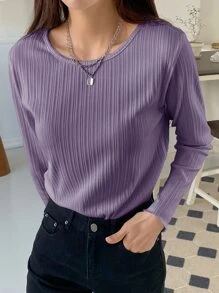 DAZY 罗纹针织生菜边 T 恤，秋季服装长袖女式上衣 - 紫色 - 查看 5