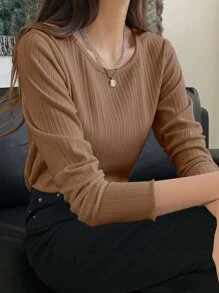 DAZY Ribbed Knit Lettuce Trim Tee,Fall Clothes Long Sleeve Top - Camel - View 1