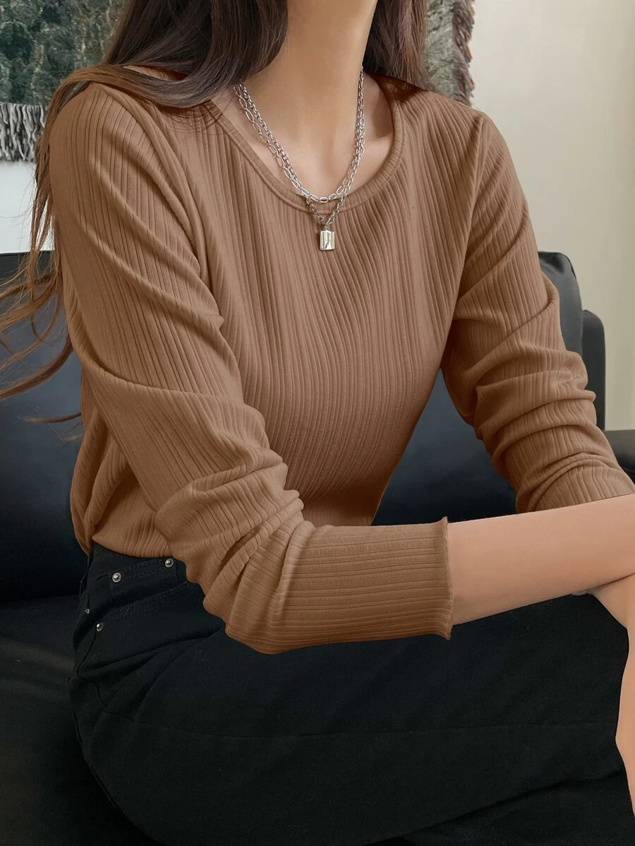 DAZY Ribbed Knit Lettuce Trim Tee,Fall Clothes Long Sleeve Top - Camel - View 1