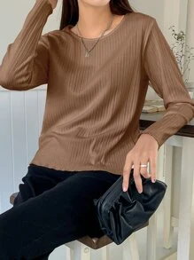 DAZY Ribbed Knit Lettuce Trim Tee,Fall Clothes Long Sleeve Top - Camel - View 3