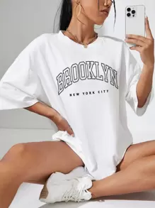 INAWLY Camiseta oversize con gráfico de letra, camisetas gráficas para mujeres - Blanco - Ver 1