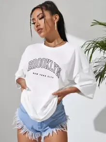 INAWLY Camiseta oversize con gráfico de letra, camisetas gráficas para mujeres - Blanco - Ver 4