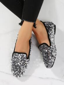 Sequin Decor Square Toe Flat Loafers - Silver - View 2