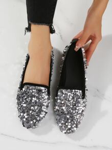 Sequin Decor Square Toe Flat Loafers - Silver - View 3