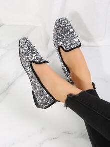 Sequin Decor Square Toe Flat Loafers - Silver - View 6