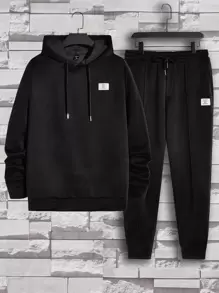 GENTILAND Men Patched Detail Drawstring Hoodie & Sweatpants - Black - View 1