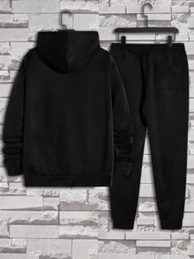 GENTILAND Men Patched Detail Drawstring Hoodie & Sweatpants - Black - View 2