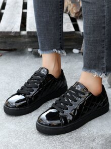 衍縫細節前綁帶板鞋 - 黑色 - 查看 2