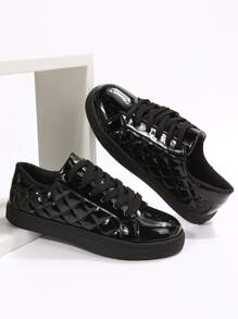 衍縫細節前綁帶板鞋 - 黑色 - 查看 3