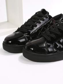 衍縫細節前綁帶板鞋 - 黑色 - 查看 6