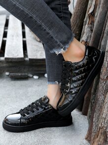 衍縫細節前綁帶板鞋 - 黑色 - 查看 8